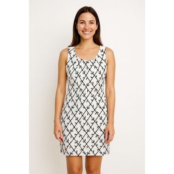 TALBOTS Dress Womens Size 14P White Black Linen Blend Embroidered Bamboo Sheath - Picture 1 of 11